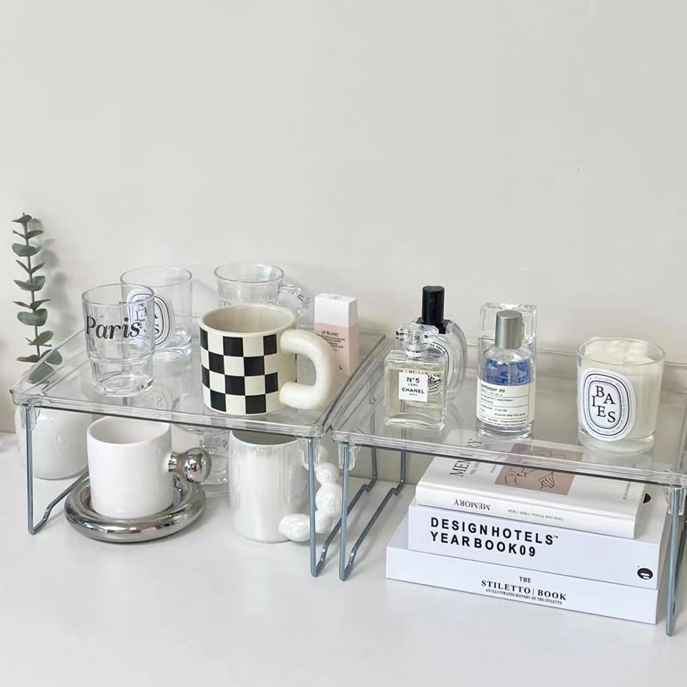 VibeCore Transparent Acrylic Foldable Shelf (2 shelves stacked side by side) displaying modern minimalist design, durable acrylic, multi-purpose storage, sleek organization, space-saving, versatile use, home office, tidy storage solution, clean aesthetic.