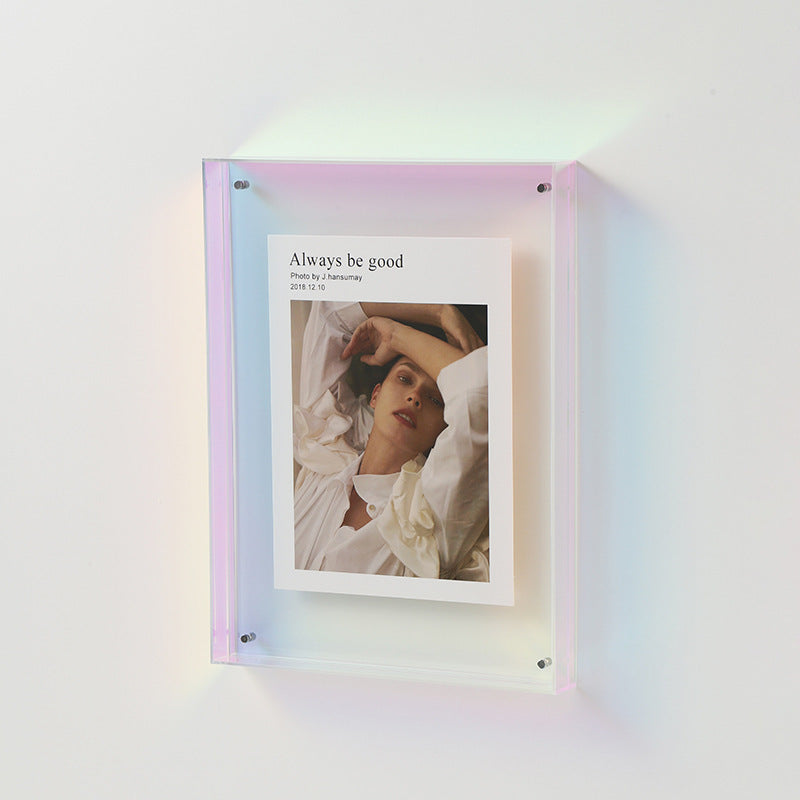 VibeCore Transparent Acrylic Photo Frame in a vibrant multicolor design, blending modern aesthetics with a bold, eclectic touch. Perfect for displaying your favorite memories while adding a pop of color to any space.