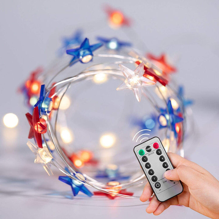 VibeCore Tricolor Stars Fairy Lights with remote control, allowing easy adjustment of light modes for a personalized ambiance. Features vibrant blue, red, and white stars, perfect for creating a festive or cozy atmosphere.