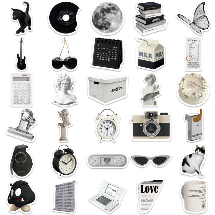 VibeCore Urban Alt Stickers with another 30 unique black and white alternative aesthetic designs. Ideal for personalizing laptops, phones, water bottles, and accessories with an edgy vibe.