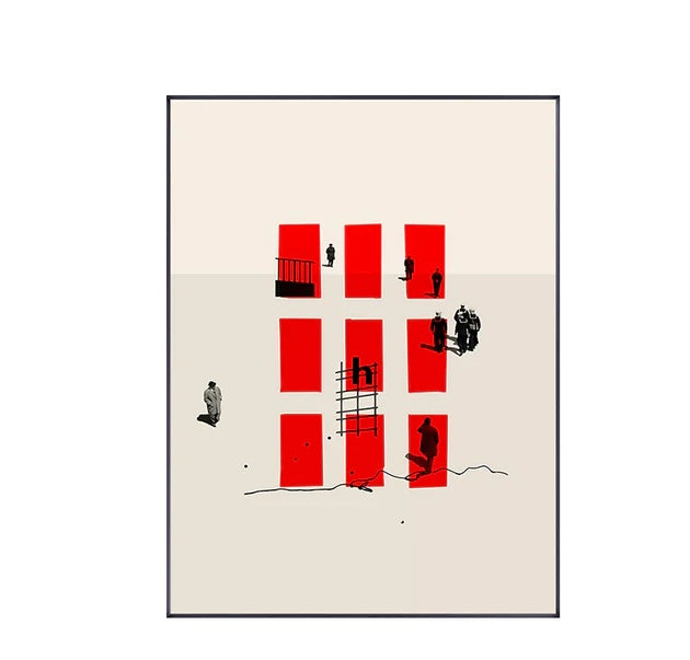 VibeCore Urban Solitude Canvas Prints Option D: Red rectangles with silhouettes walking 