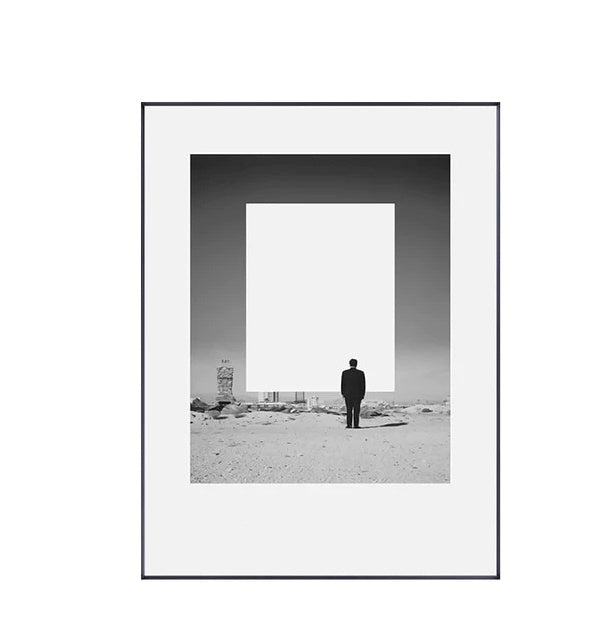 VibeCore Urban Solitude Canvas Prints Option I: Man walking in desert into white rectangle