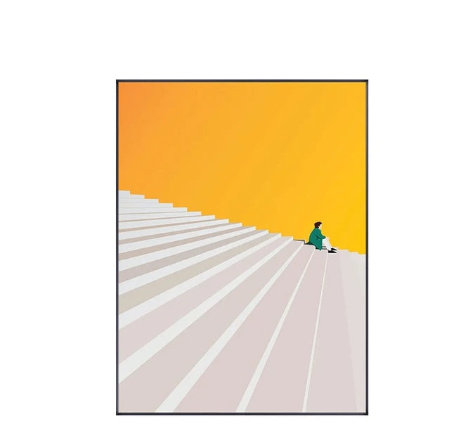 VibeCore Urban Solitude Canvas Prints Option J - person sitting on white long steps with yellow background 