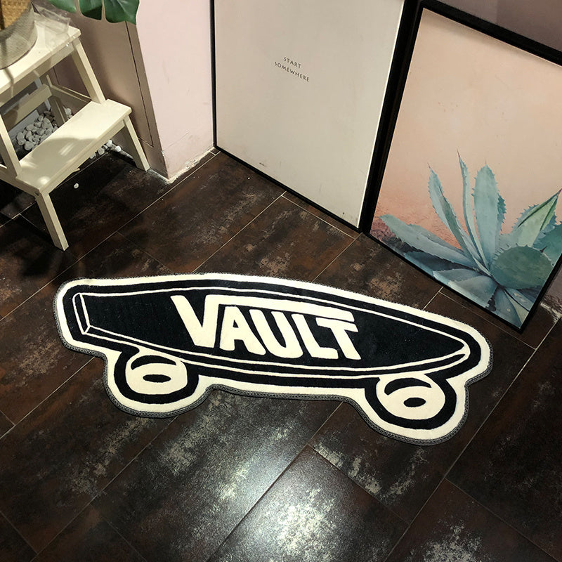 VibeCore Vans Vault Skateboard Accent Rug aerial view, showcasing its bold skate culture design, black and white color scheme, modern aesthetic, and cool vibe. Ideal for streetwear lovers, this small rug adds a unique, playful touch to any bedroom, dorm, or living room decor. Featuring a non-slip backing for safety, this contemporary rug brings a vibrant, urban style to tight spaces while adding comfort and personality to your home. Perfect for those seeking a bold accent piece with a skateboarding twist.