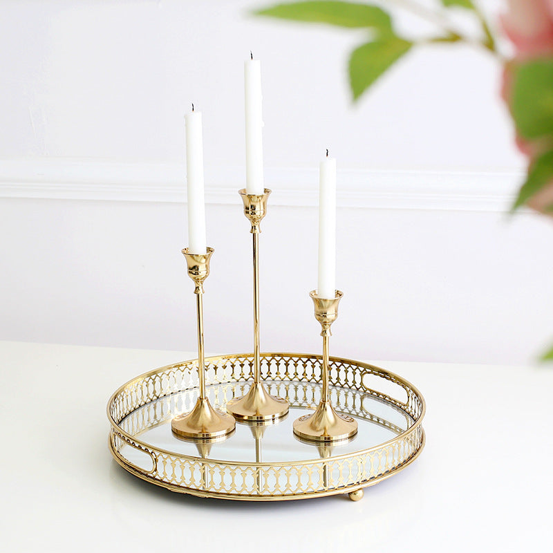 VibeCore Vintage Golden Candle Holder, all 3 sizes on tray, crafted from high-quality iron and brass with a sleek golden finish, adding European charm and elegance to your decor while creating a sophisticated ambiance.