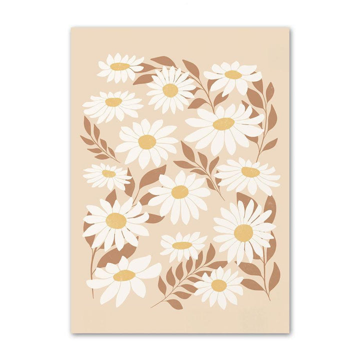 VibeCore Warm Floral Hues Canvas Prints Option B - white florals with brown stems and leaves on beige background.