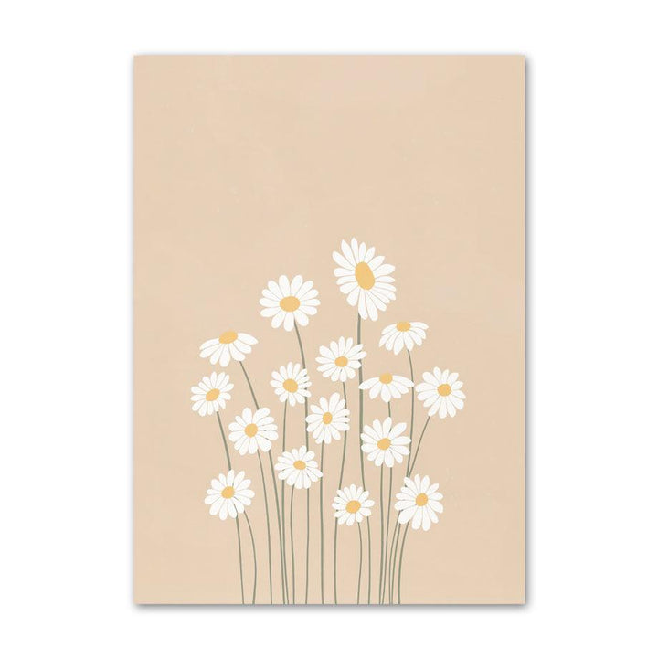 VibeCore Warm Floral Hues Canvas Prints Option I - white daisies standing up on beige background.