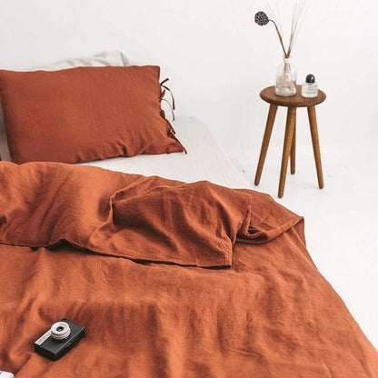 VibeCore Warm Tones Pure Linen Duvet Cover Set Burnt Orange Aerial View Close Up