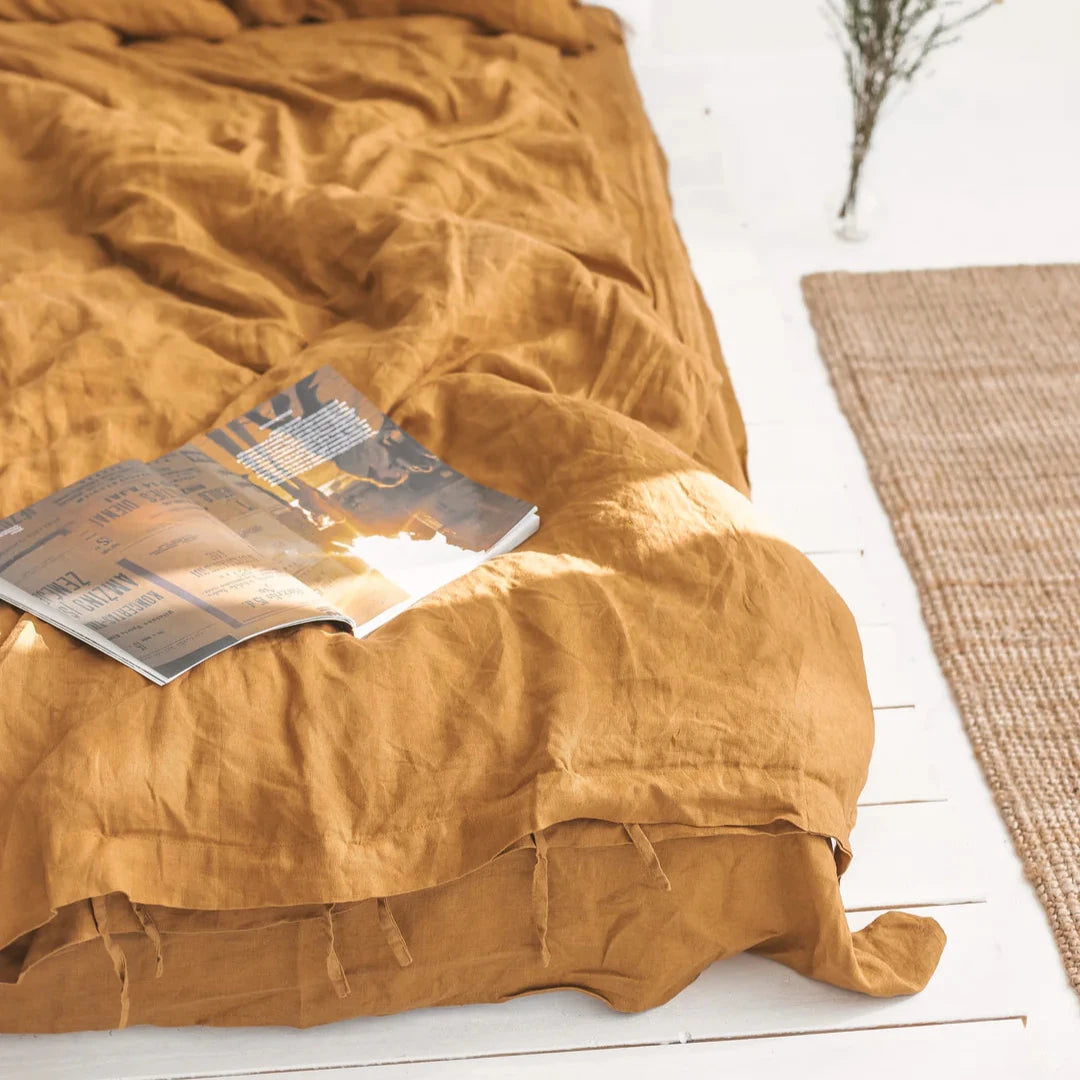 VibeCore Warm Tones Pure Linen Duvet Cover Set Camel Close Up