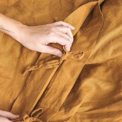 VibeCore Warm Tones Pure Linen Duvet Cover Set Camel Details Close Up