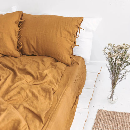 VibeCore Warm Tones Pure Linen Duvet Cover Set Camel Side View Close Up