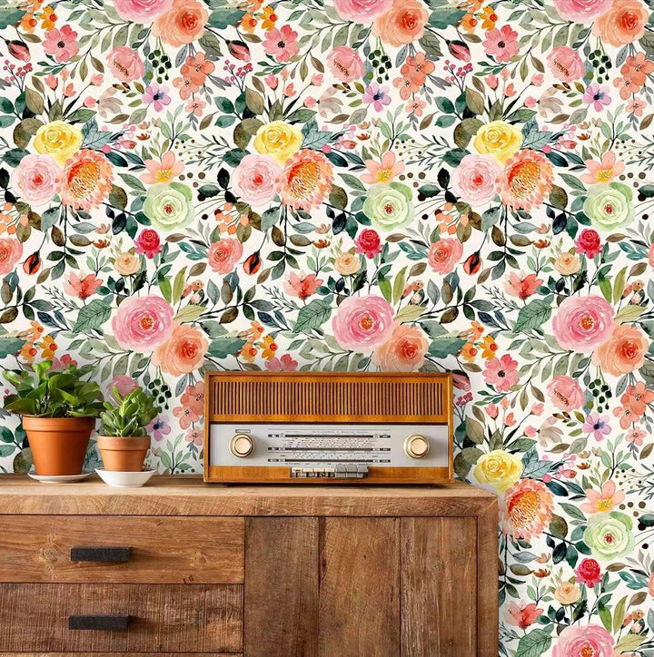 VibeCore Watercolor Floral Self-Adhesive Wallpaper on wall behind dresser, featuring a soft floral pattern that adds a touch of elegance and color to the room.