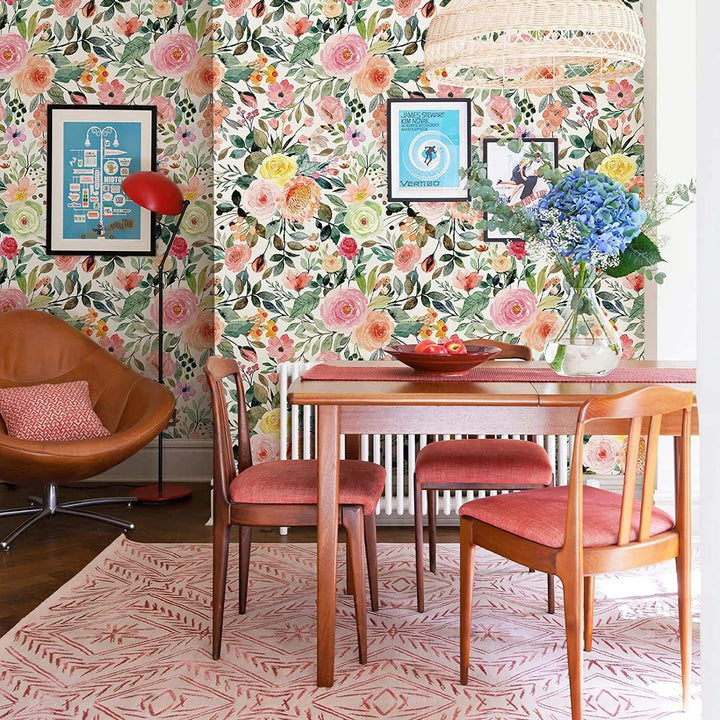 VibeCore Watercolor Floral Self-Adhesive Wallpaper on wall in dining room, showcasing a soft floral design that enhances the space with a touch of elegance and charm.