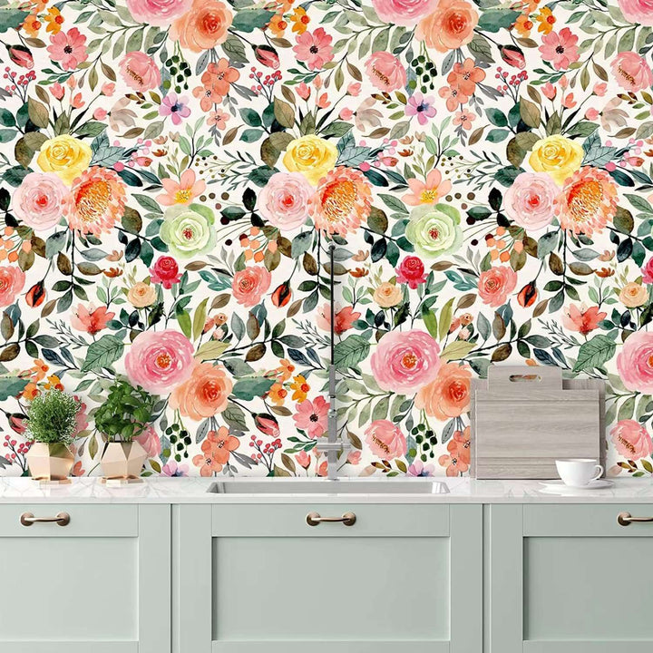 VibeCore Watercolor Floral Self-Adhesive Wallpaper On Wall In Kitchen, showcasing a soft watercolor floral pattern, adding an elegant and artistic touch to the space.