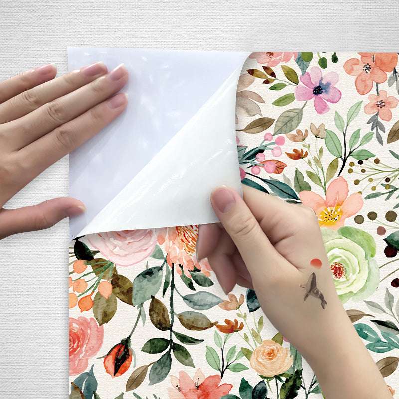 VibeCore Watercolor Floral Self-Adhesive Wallpaper showcasing the peel-and-stick feature, easily applied and repositioned without damage or sticky residue.