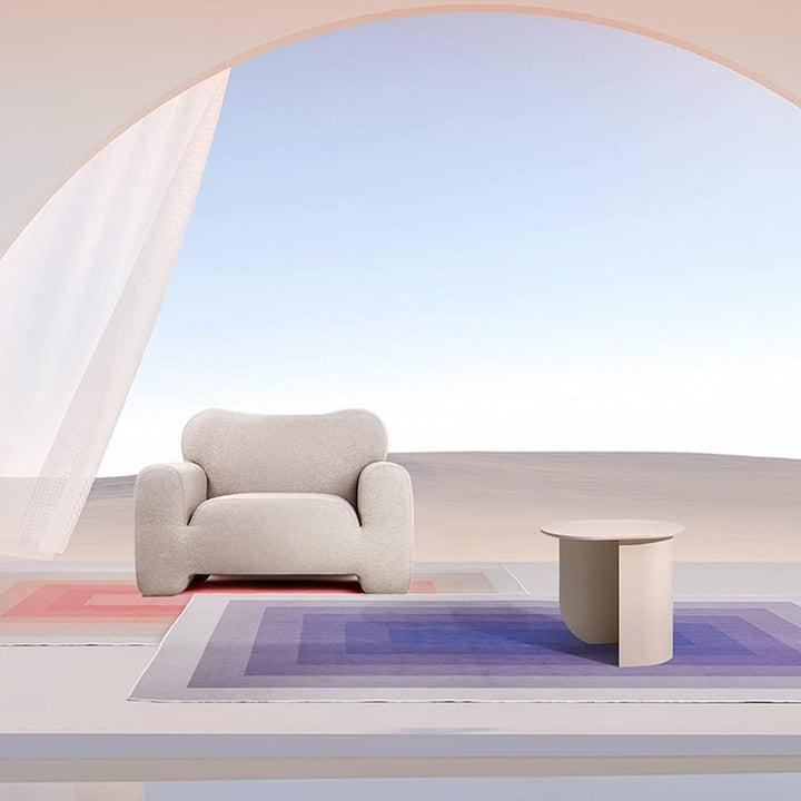 VibeCore Watercolor Gradient Area Rug Purple and Pink on floor, featuring a seamless blend of purple and pink hues that creates a dynamic and artistic look in any room.