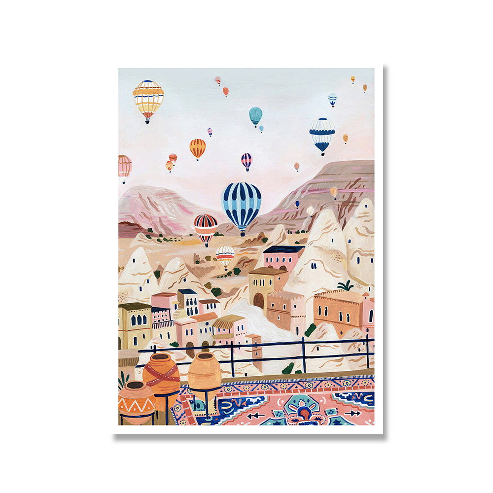Watercolor canvas poster of Cappadocia's iconic landscapes with hot air balloons soaring over fairy chimneys, capturing the serene beauty of this Turkish destination.