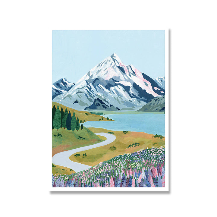 Watercolor canvas poster of Mount Cook, New Zealand, showcasing its majestic snow-capped peaks and serene alpine landscape. The soft, pastel colors of the painting capture the natural beauty of this iconic mountain, adding a tranquil and adventurous touch to your room decor. Ideal for nature lovers and travel enthusiasts.