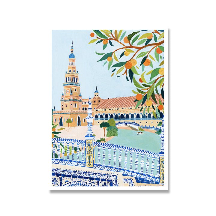 Watercolor canvas poster showcasing the vibrant streets of Sevilla, Spain, with its iconic architecture, flamenco culture, and stunning sunlit ambiance.