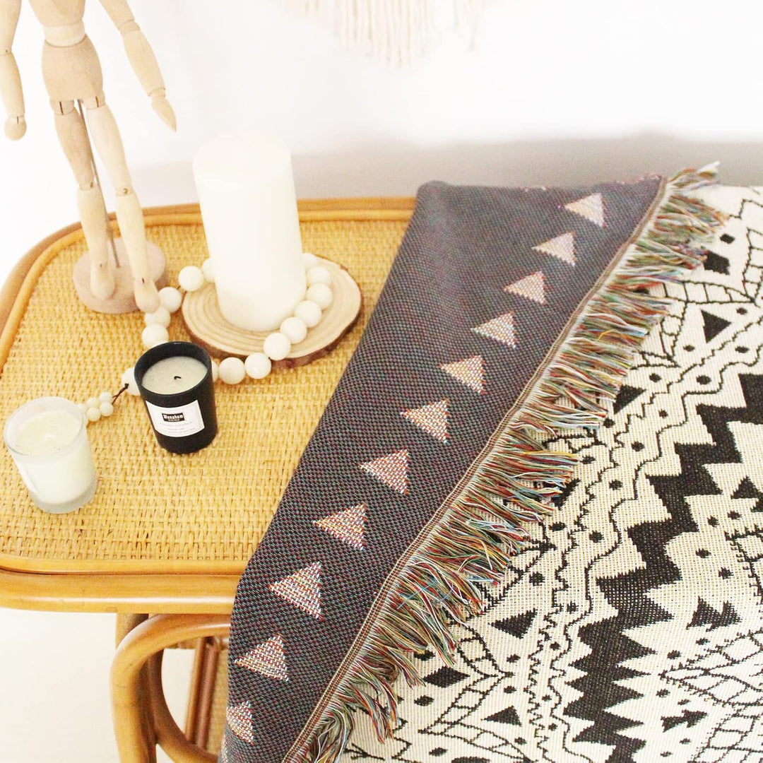 VibeCore White Boho Mandala Woven Blanket back design close-up, featuring the reversible pattern with intricate boho mandala details. Crafted from soft, breathable 100% combed cotton for a comfortable and stylish finish on both sides.