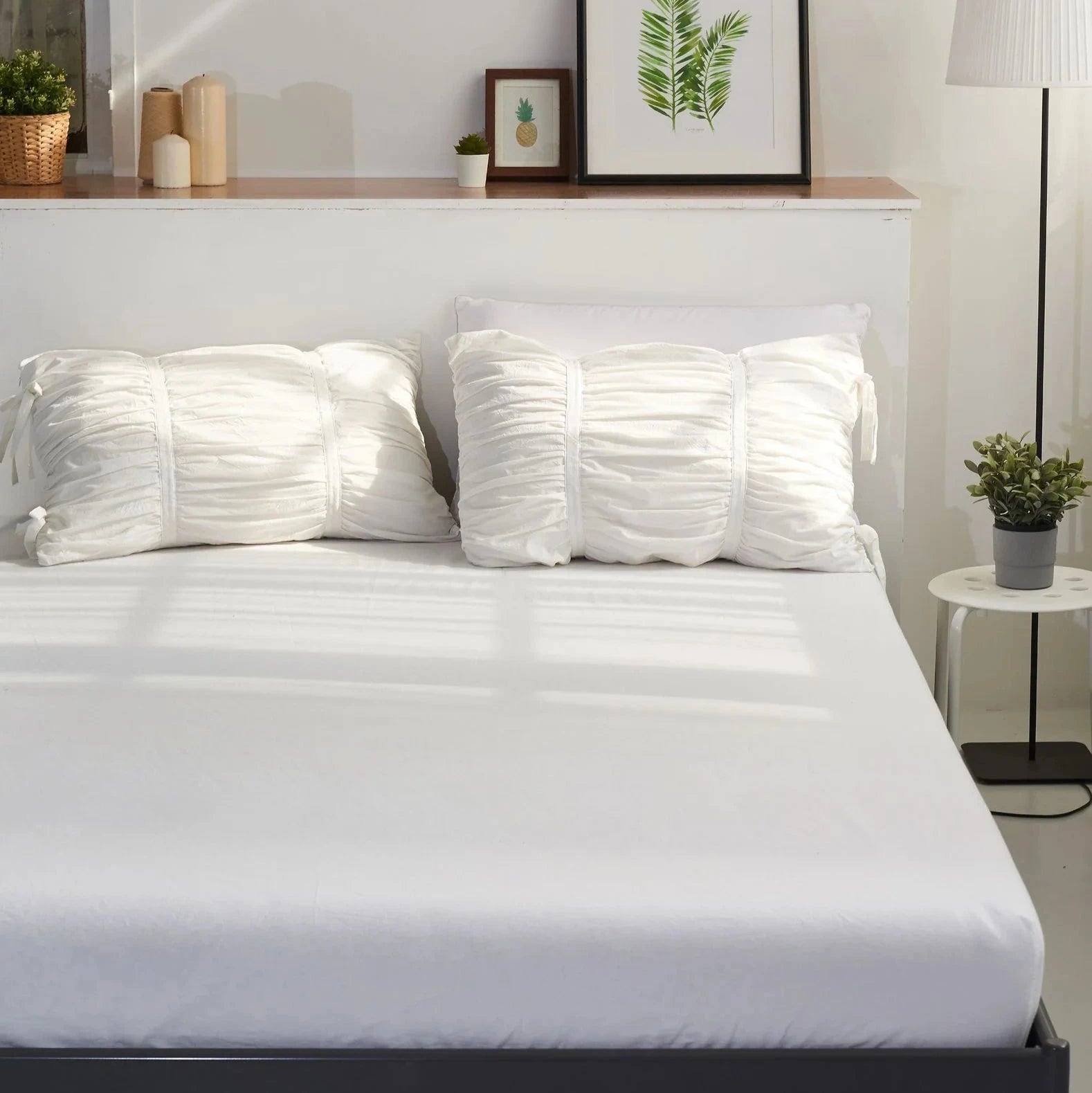 VibeCore white ruched pillowcases on bed, tufted cotton design, part of fleece duvet_cover set, soft breathable fabric, aesthetic coquette decor, elegant white bedding, romantic minimalist style, timeless cotton texture, cozy bedroom detail, twin or king size pillow styling.