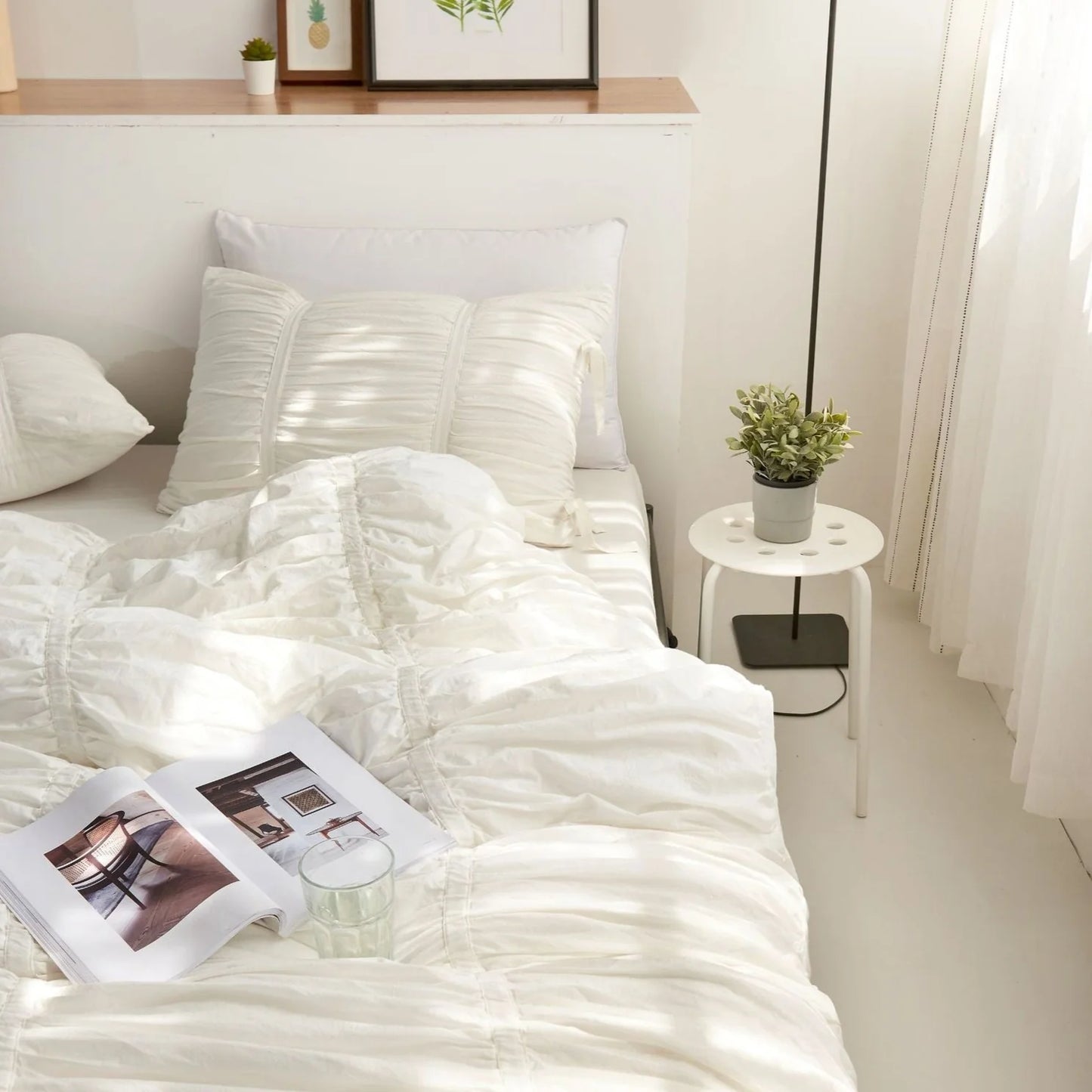 Top right view of VibeCore white ruched duvet cover set, tufted cotton texture, aesthetic fleece duvet_cover set, elegant white bedding, soft breathable fabric, romantic coquette decor, minimalist bedroom style, timeless luxury design, cozy cotton bedding, king or twin bed setup.