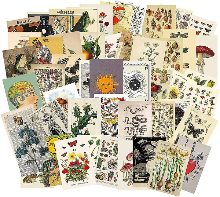 VibeCore Witchcore Wall Collage Kit cluster featuring 70 enchanting witchcore and nature-inspired prints. Perfect for creating a mystical atmosphere, witchy wall decor, nature-inspired aesthetic, dorm room, bedroom, and personalized art display.