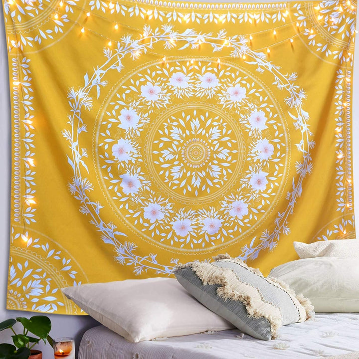 VibeCore Yellow Mandala Tapestry Above Bed