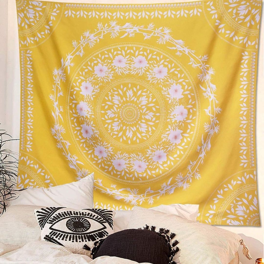 VibeCore Yellow Mandala Tapestry On Wall Above Bed