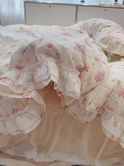 Embroidered Pink Floral Duvet Cover Set