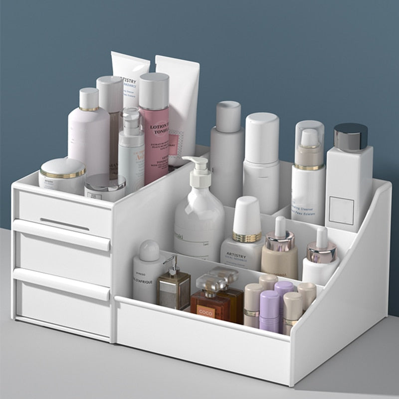 VibeCore 3-Layer Makeup Organizer in white, front angled view, showcasing sleek modern design, compact storage, vanity organizer, beauty products, skincare storage, durable plastic, mini drawers, space-saving, elegant decor, versatile makeup holder.