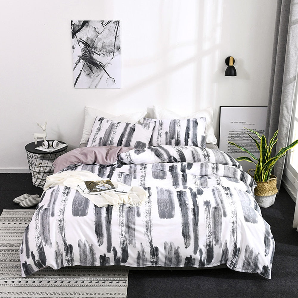 Aerial view of the VibeCore Aesthetic Abstract Canvas Duvet Cover Set, showcasing the striking abstract canvas design. The bold, artistic pattern brings a creative, modern touch to your bedroom or dorm, while the soft cotton-polyester blend ensures year-round comfort.