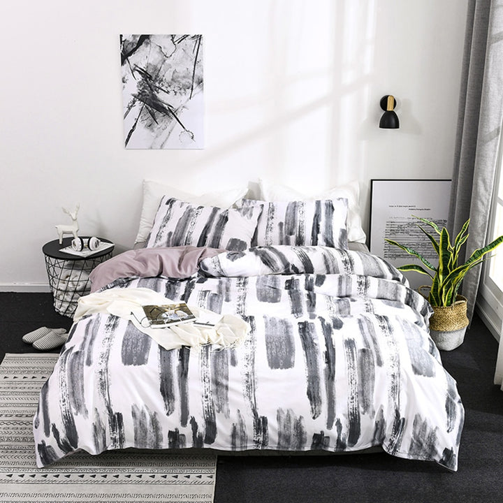 Aerial view of the VibeCore Aesthetic Abstract Canvas Duvet Cover Set, showcasing the striking abstract canvas design. The bold, artistic pattern brings a creative, modern touch to your bedroom or dorm, while the soft cotton-polyester blend ensures year-round comfort.