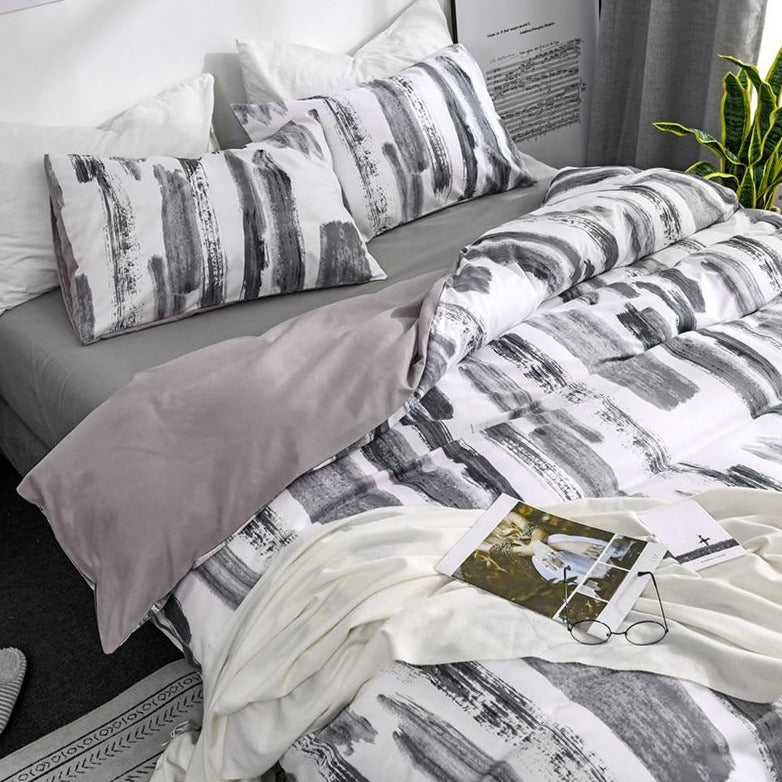 Close-up of the VibeCore Aesthetic Abstract Canvas Duvet Cover Set, highlighting the bold and intricate abstract canvas design. The soft cotton-polyester blend material offers a cozy feel, making it a perfect addition to any modern or artsy bedroom or dorm.