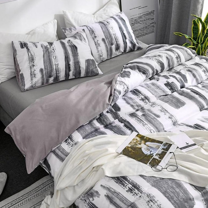 Close-up of the VibeCore Aesthetic Abstract Canvas Duvet Cover Set, highlighting the bold and intricate abstract canvas design. The soft cotton-polyester blend material offers a cozy feel, making it a perfect addition to any modern or artsy bedroom or dorm.