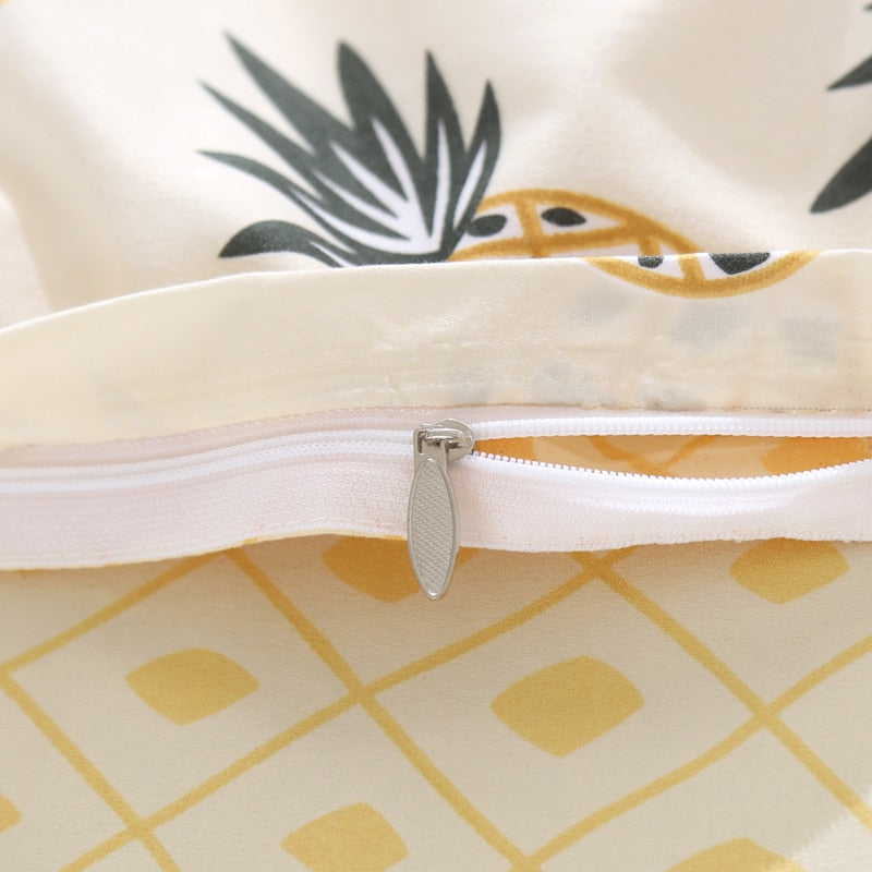 Close-up of the zipper detail on the VibeCore Aesthetic Pineapple Duvet Cover Set, showcasing the durable and sleek zipper design. The high-quality zipper ensures easy use while maintaining the set's vibrant, playful yellow aesthetic.