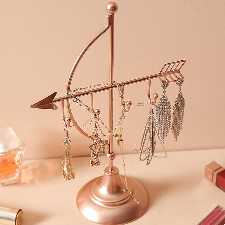 VibeCore Arrow Jewelry Stand in Rose Gold, a sleek jewelry organizer for necklaces, earrings, and bracelets. Stylish, space-saving, tangle-free storage solution.
