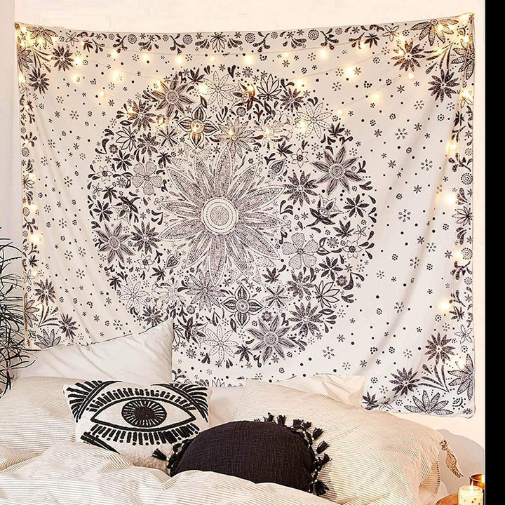 VibeCore Black And White Floral Tapestry On Wall Behind Bed