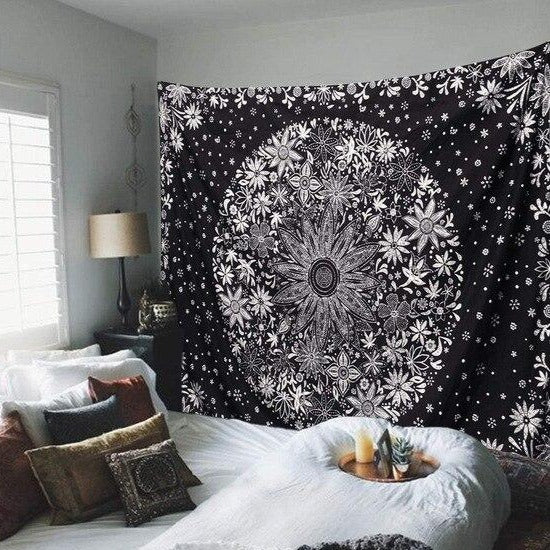 VibeCore Black Floral Tapestry In Bedroom