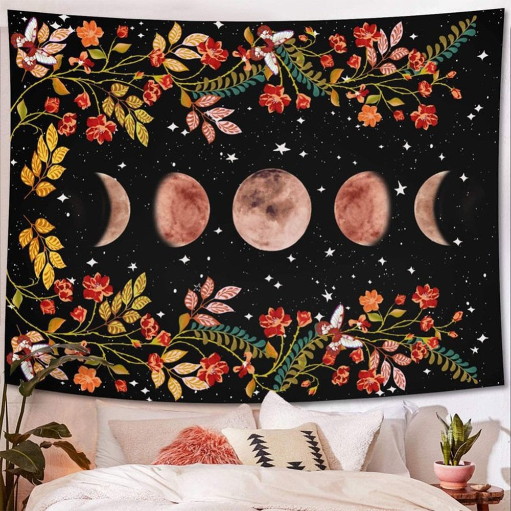 VibeCore Black Flower Moon Tapestry On Wall Above Bed