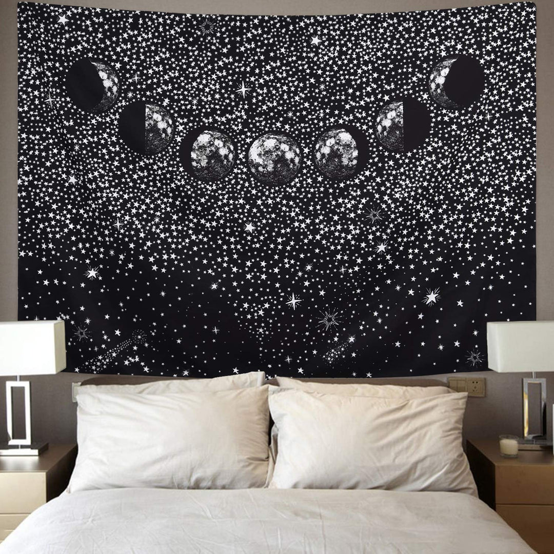 VibeCore Black Moon Phases Tapestry Behind Bed