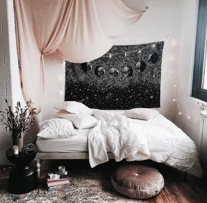 VibeCore Black Moon Phases Tapestry On Wall In Bedroom