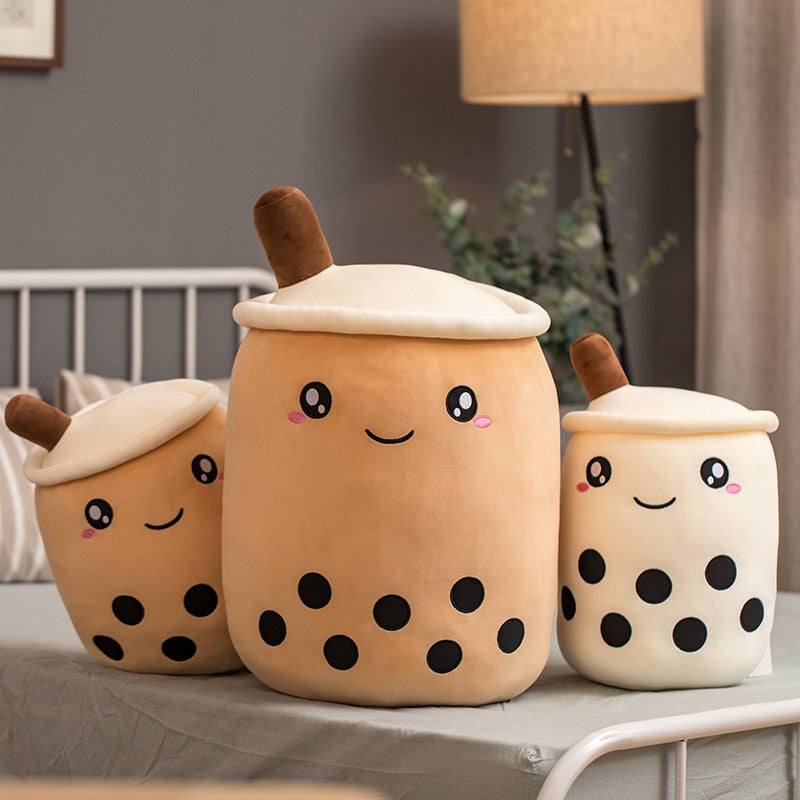 VibeCore Bubble Tea Stuffy set of three brown plush pillows, featuring cute smiley faces, perfect for cozy and kawaii room decor.