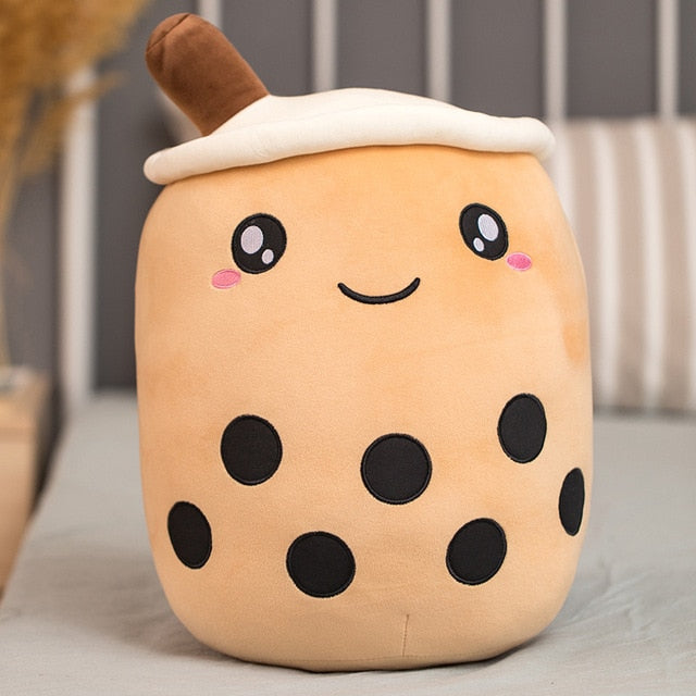 VibeCore Bubble Tea Stuffy in brown with open eyes, a soft plush pillow featuring a cute boba design and smiley face, perfect for cozy decor.