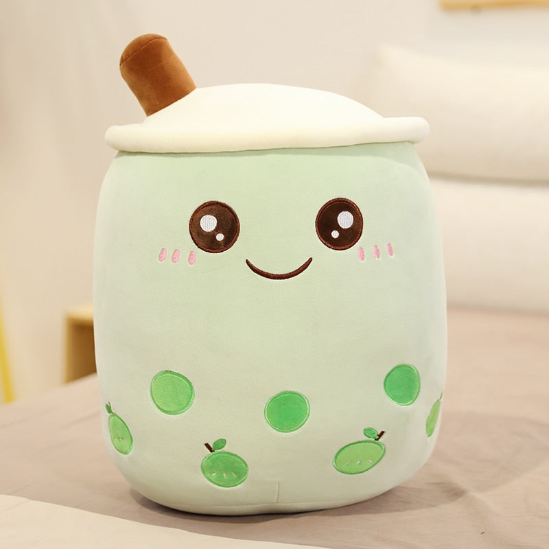 VibeCore Bubble Tea Stuffy in green, a soft and cuddly boba plush pillow with a cute smiley face, perfect for kawaii room decor.