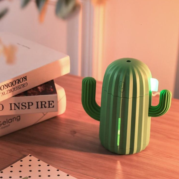 VibeCore Cactus Humidifier green, featuring a playful cactus design, 340ml tank, essential oil compatibility, and quiet operation, perfect for refreshing any space.