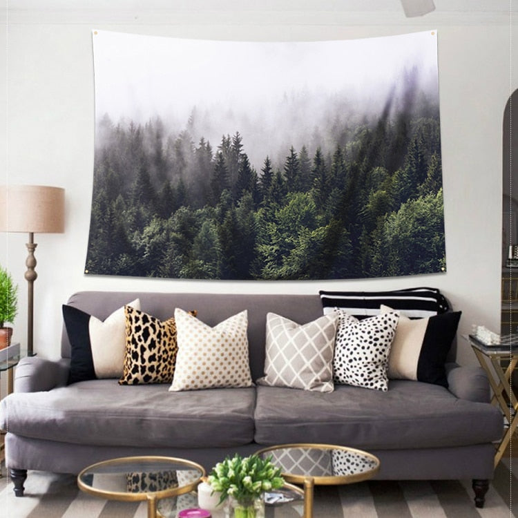 VibeCore Fog Over Forest Tapestry Above Couch
