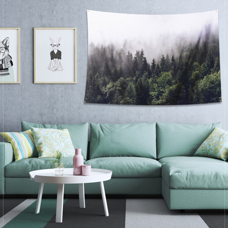 VibeCore Fog Over Forest Tapestry In Living Room