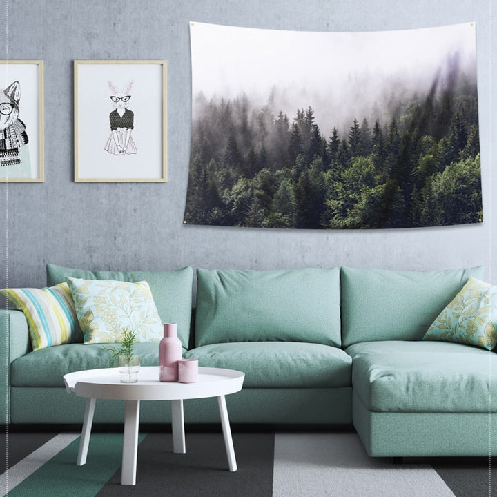 VibeCore Fog Over Forest Tapestry In Living Room