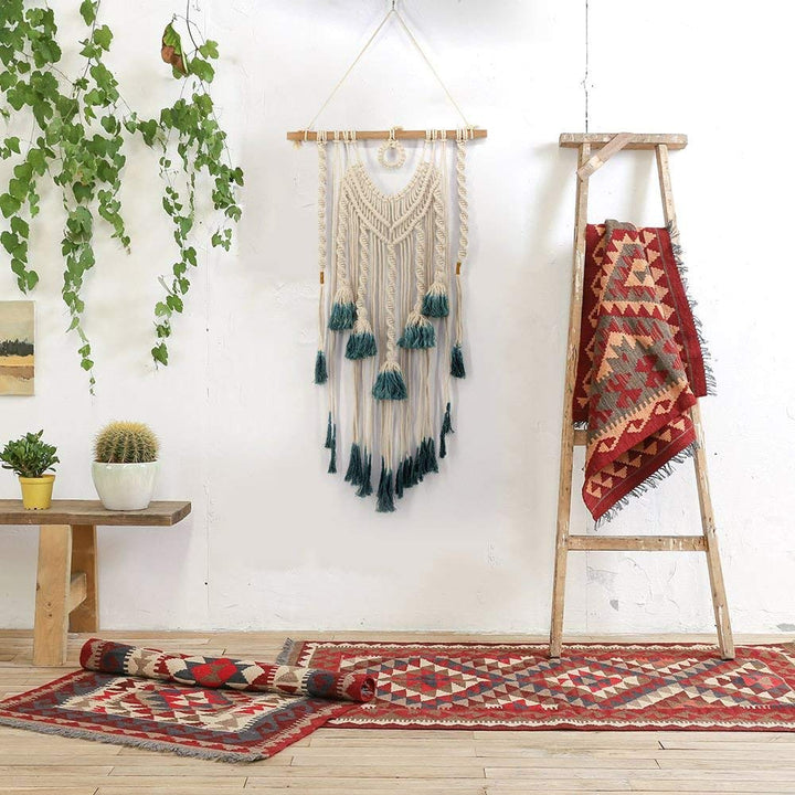 VibeCore Handmade Green Fringed Macrame On Boho Wall